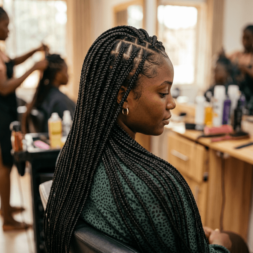 Close-up of fresh knotless braids