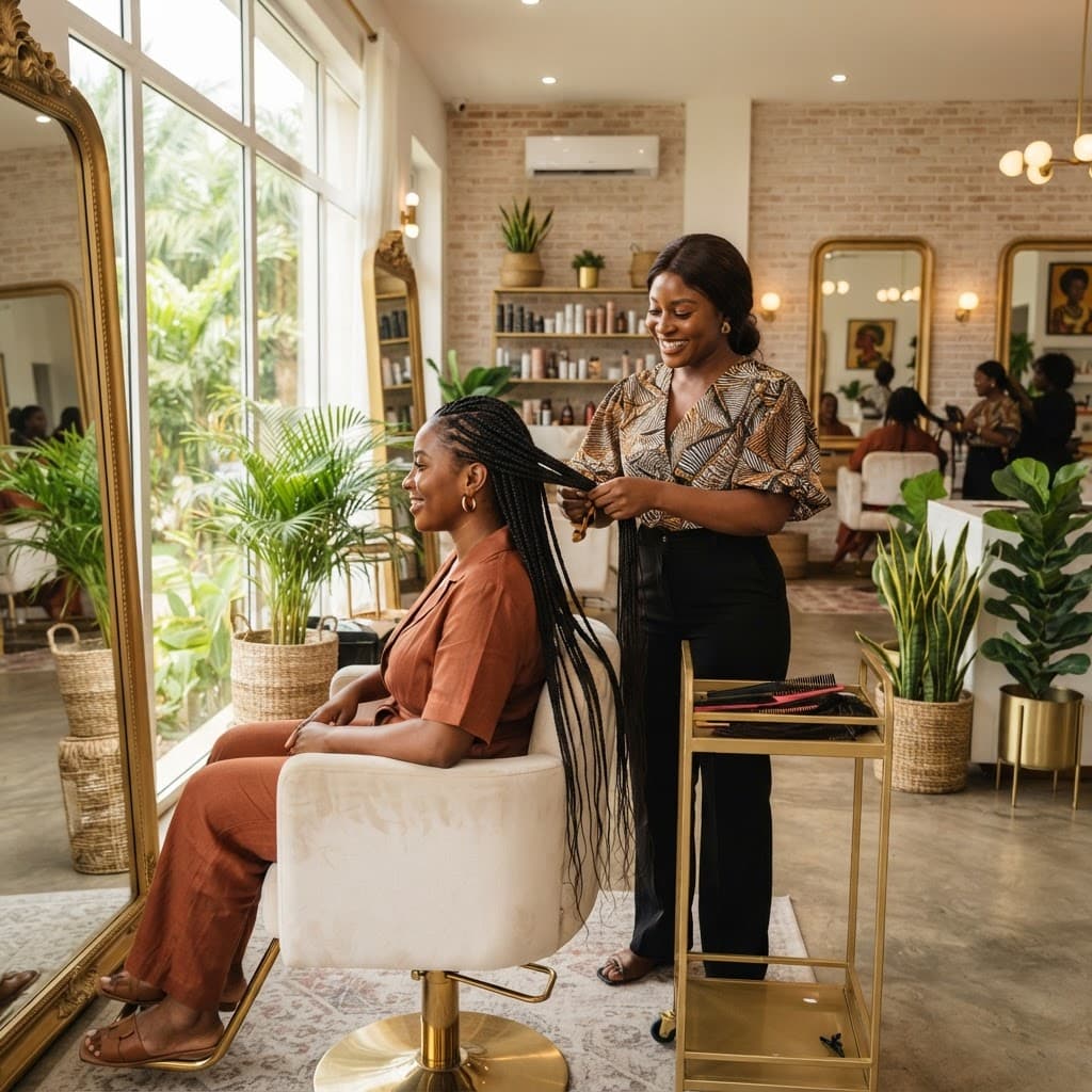 Ghanaian hairstylist braiding a client's hair in a modern salon
