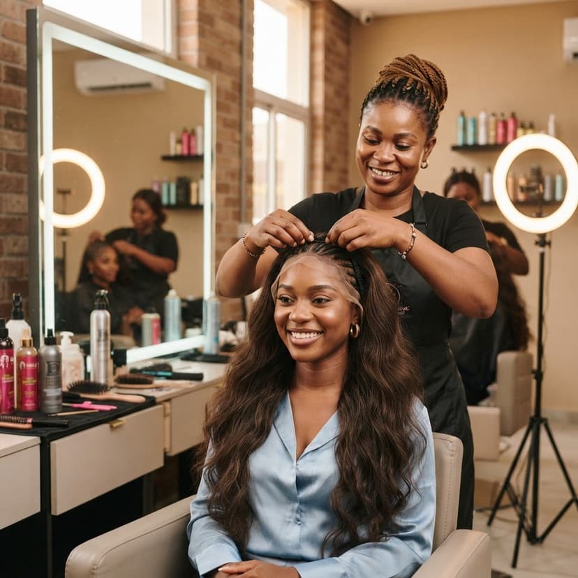 Ghanaian hairstylist installing a natural-looking wig on a client in a modern salon